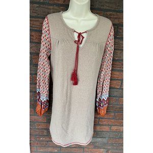 Boho Gypsy Dress Small Tassel Tie V-Neck Long Sleeve Floral Paisley L Love Beige